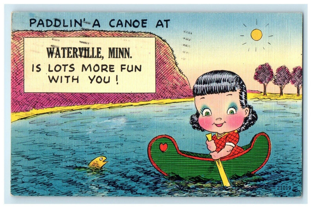 1954 Paddlin A Canoe At Waterville Minnesota MT, Girl Canoe Fish Postcard
