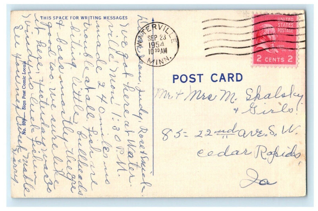 1954 Paddlin A Canoe At Waterville Minnesota MT, Girl Canoe Fish Postcard