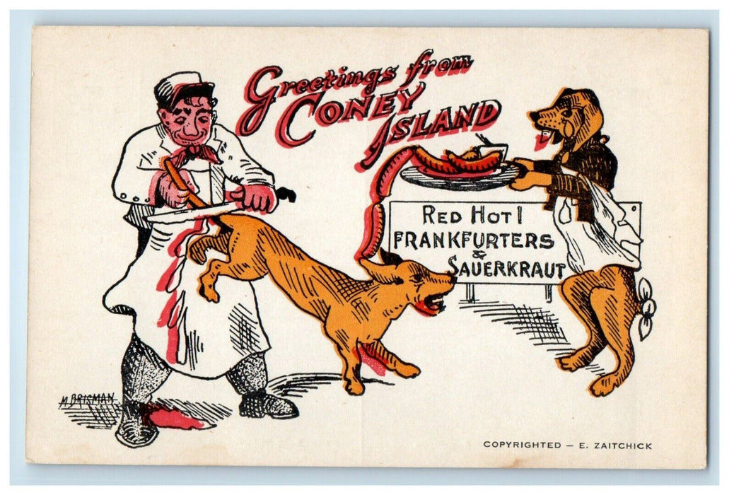 c1910's Greetings From Coney Island NY, Macabre Anthropomorphic Dog Postcard