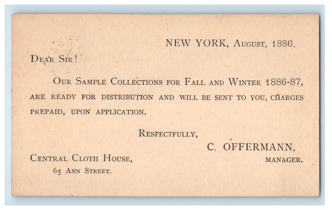1886 Fall Winner Fashion Collection Central Cloth House New York NY Postcard