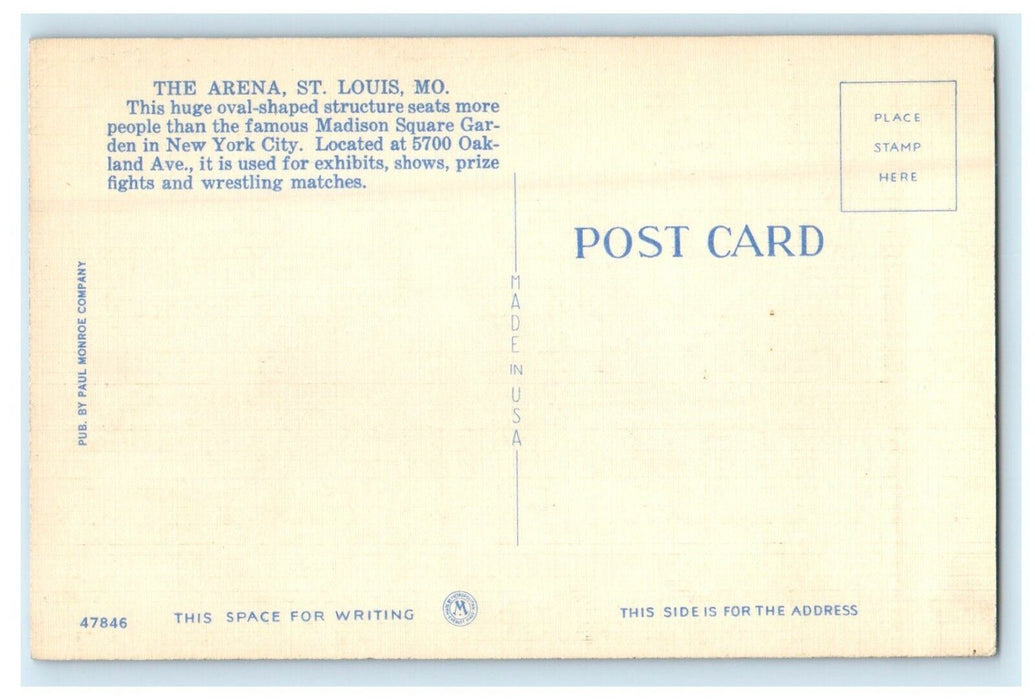 c1940's St. Louis Missouri MO, The Arena Oval Shaped Unposted Vintage Postcard