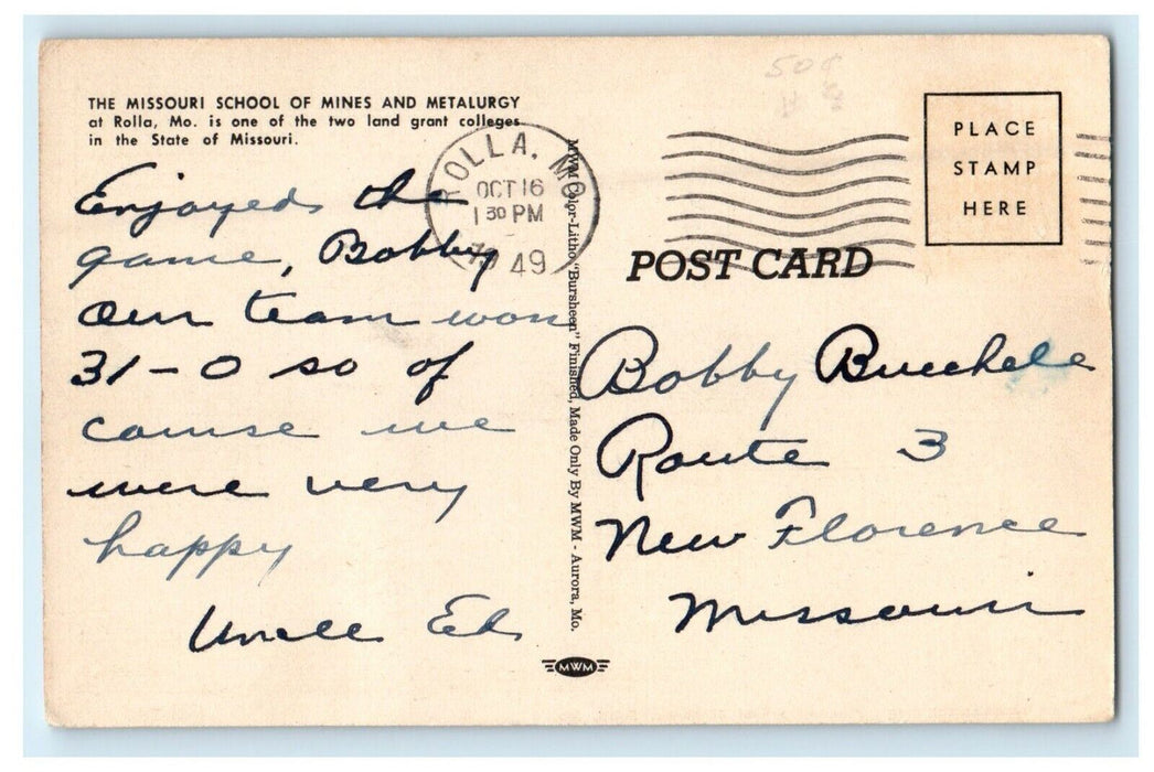 1949 Mechanical Bldg. Missouri School Of Mines Metalurgy At Rolla MO Postcard