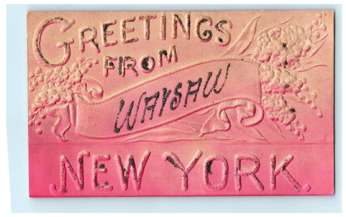 c1910 Greetings From Warsaw New York NY Airbrushed Embossed Postcard