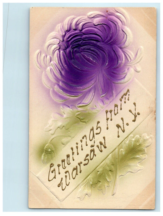 1908 Greetings From Warsaw New York NY Airbrushed Embossed Flower Postcard