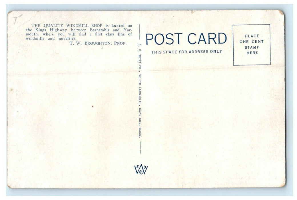 1913 Quality Windmill Shop, Cummaquid Cape Cod, Massachusetts MA Postcard