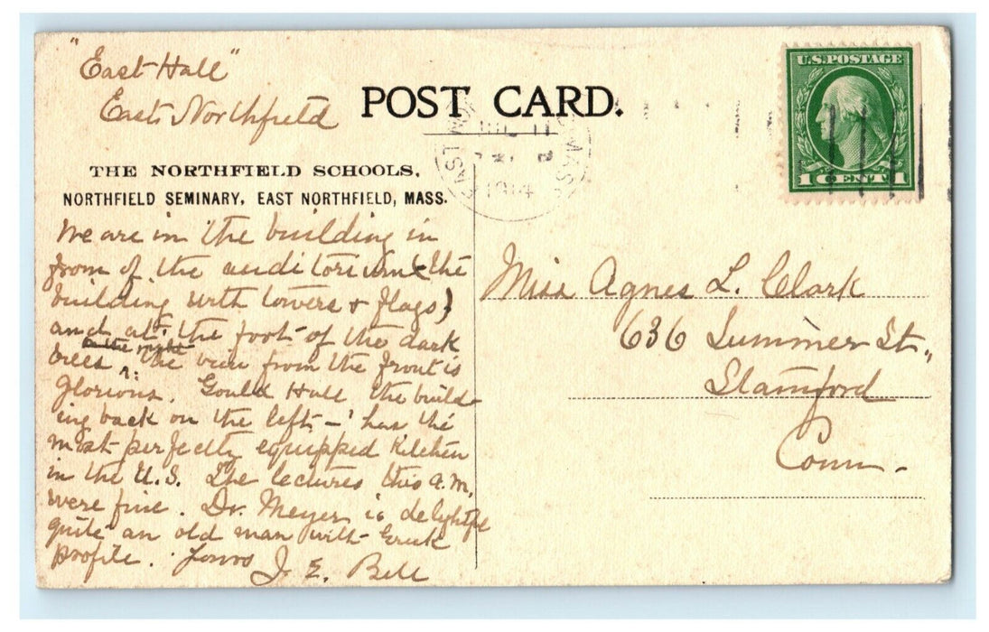 1914 Northfield School Seminary East Northfield Massachusetts MA Posted Postcard