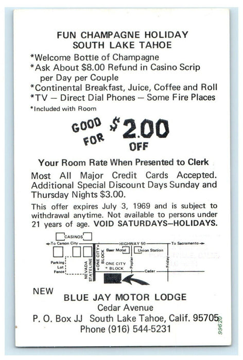 Blue Jay Motel Motor Lodge South Lake Tahoe California CA Advertising Postcard