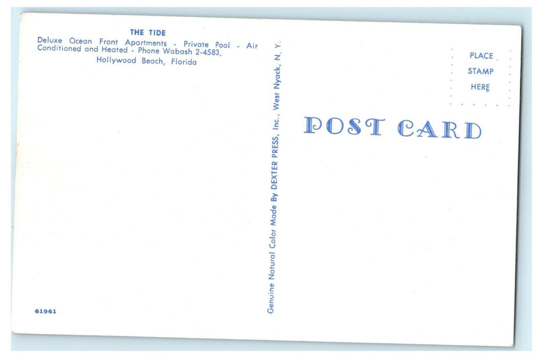 c1960's The Tide Ocean Apartments Pool Hollywood Beach Florida FL Postcard