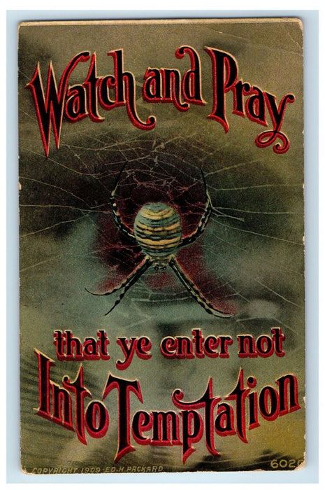 1911 Watch And Pray Into Temptation Religious Spider Athens Ohio OH Postcard