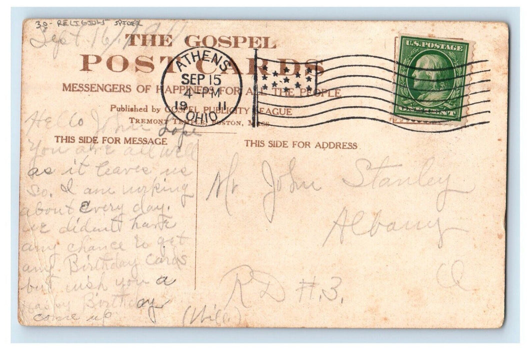 1911 Watch And Pray Into Temptation Religious Spider Athens Ohio OH Postcard