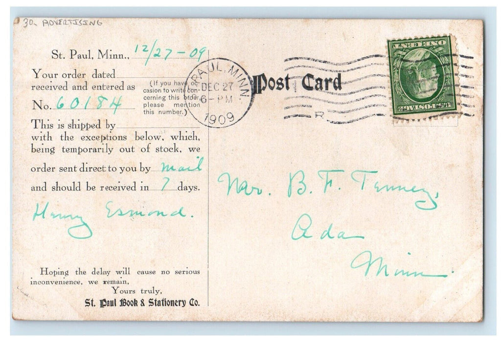 1909 St. Paul Book And Stationery Co. Advertising St. Paul Minnesota MN Postcard
