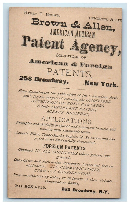 c1880's American Artisan Patent Agency Advertising New York NY Posted Postcard