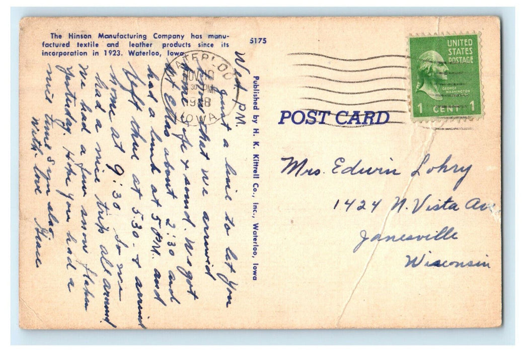 1948 Hinson Manufacturing Company, Waterloo Iowa IA Unposted Postcard