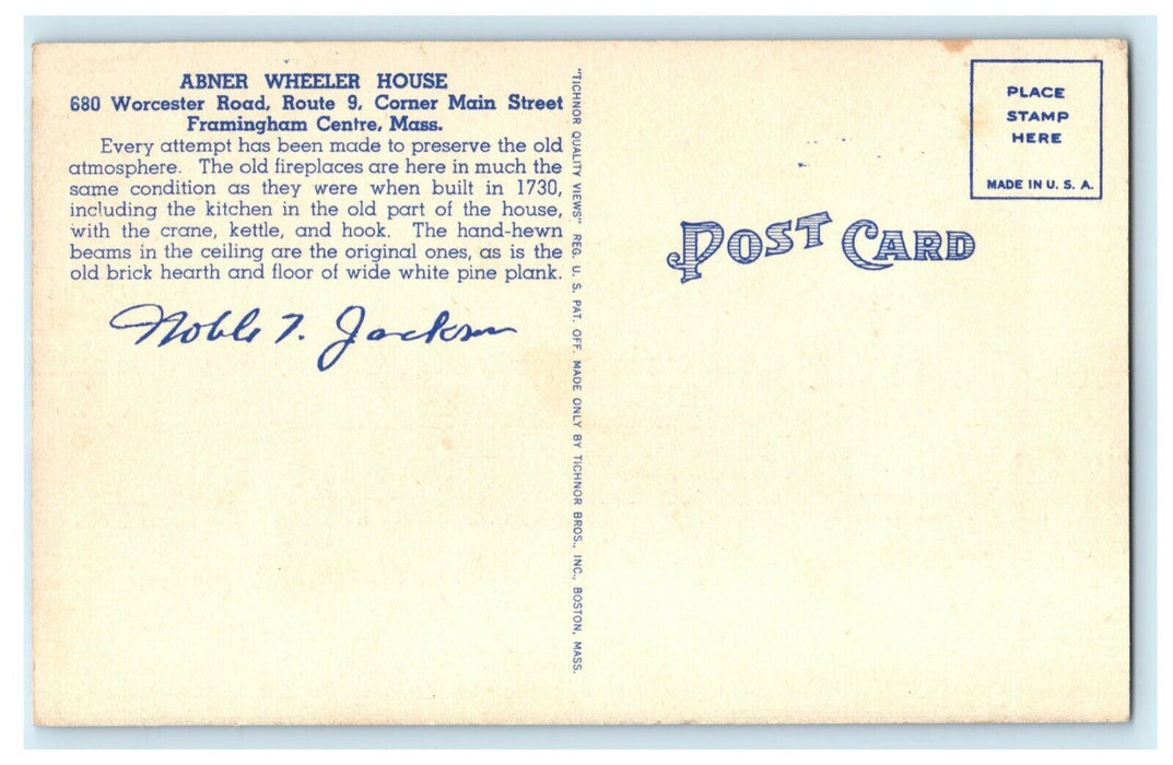 c1940's Abner Wheeler House Framingham Centre Massachusetts MA Postcard