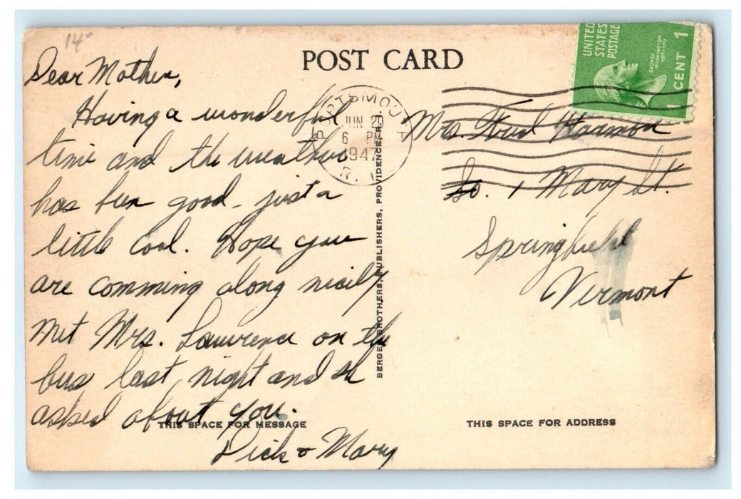 1947 Boat and Cottages, Tiverton, Rhode Island RI Vintage Posted Postcard