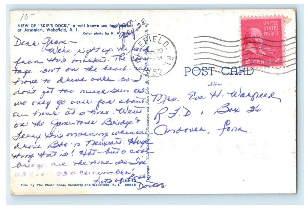 1952 View of Skip's Dock at Jerusalem, Wakefield Rhode Island RI Postcard