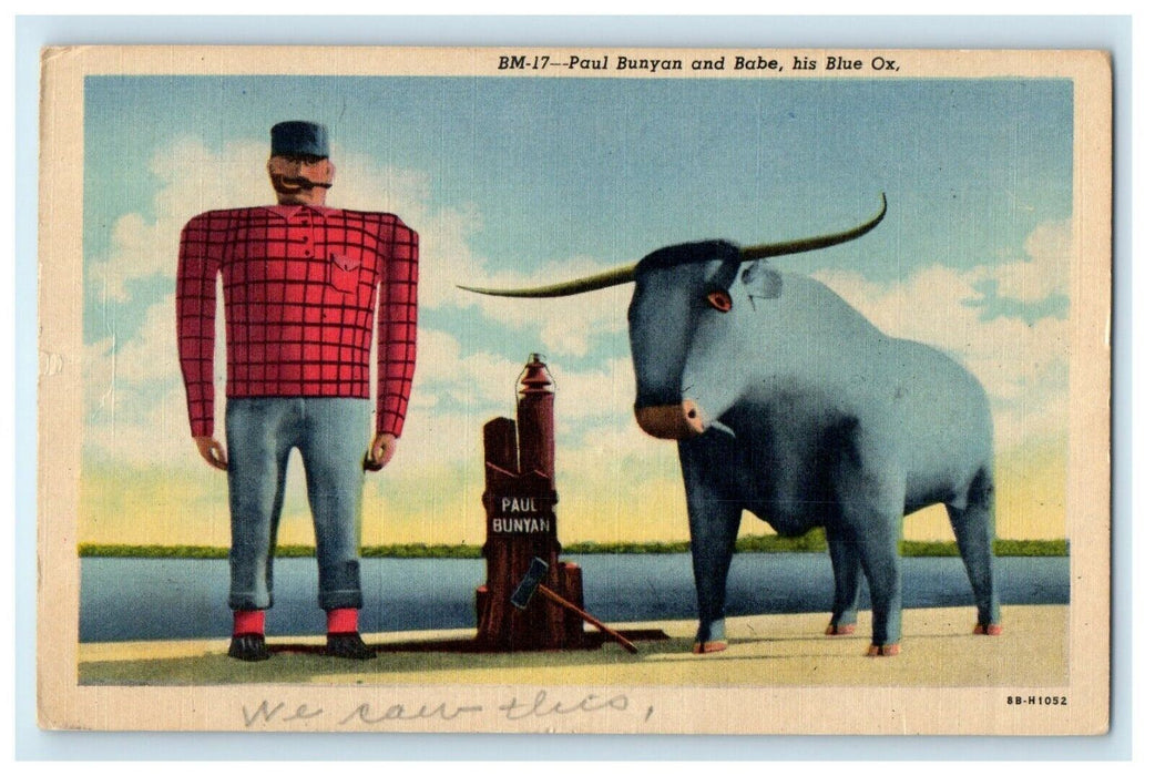 1953 Paul Bunyan And Babe Blue Ox Bemidji Minnesota MT Vintage Postcard
