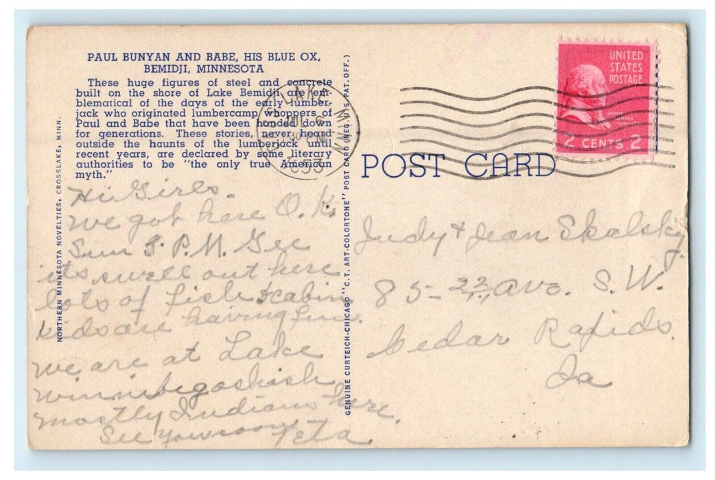 1953 Paul Bunyan And Babe Blue Ox Bemidji Minnesota MT Vintage Postcard
