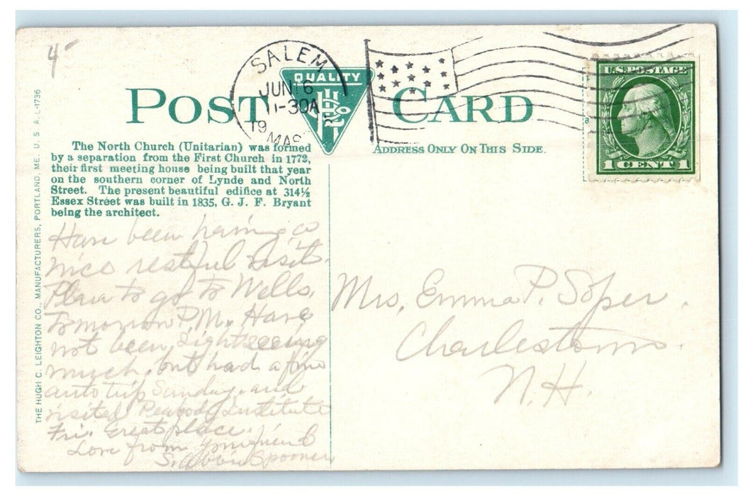 1912 The North Church (Unitarian) Salem Massachusetts MA Antique Postcard