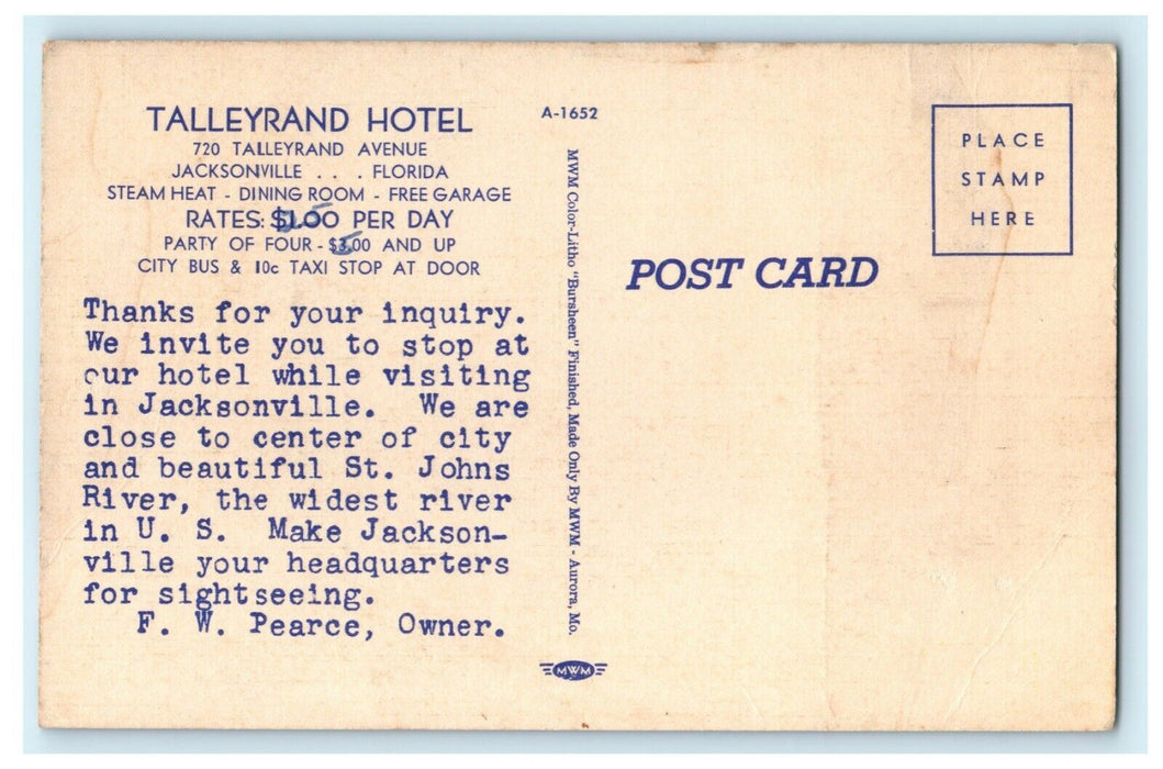c1940's Talleyrand Hotel Jacksonville Florida FL Advertising Unposted Postcard