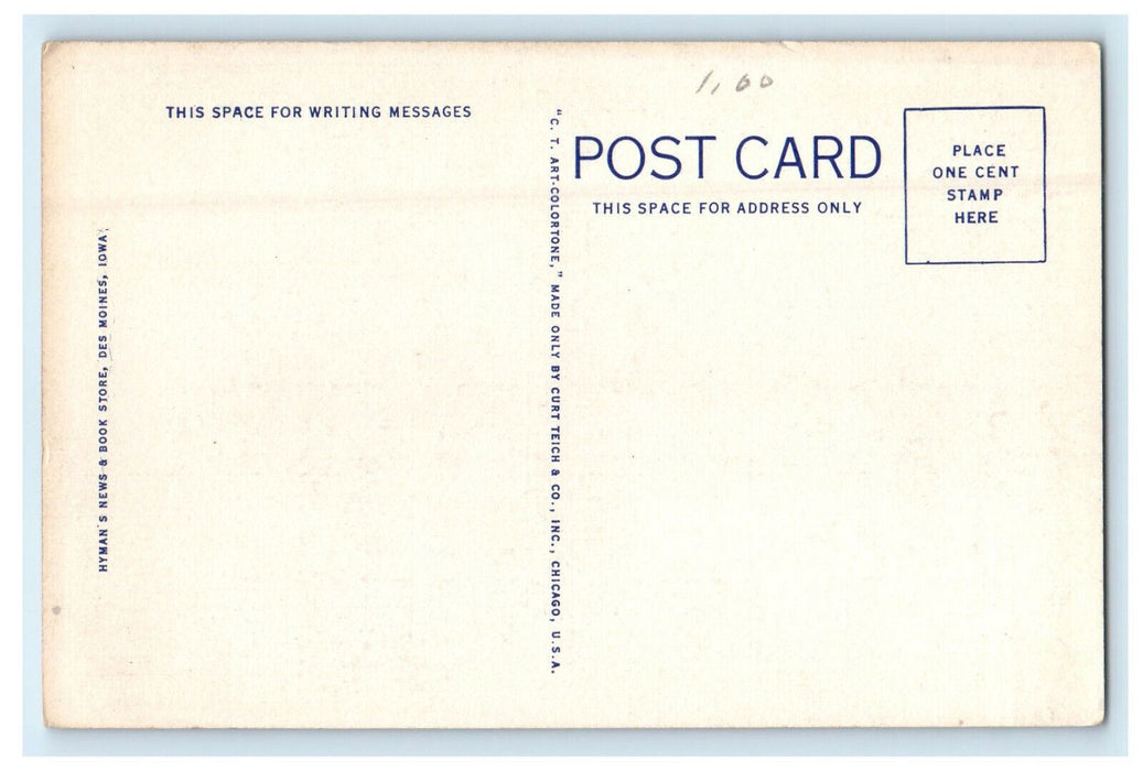 c1940s Cars Scene, Shrine Temple Des Moines Iowa IA Unposted Vintage Postcard