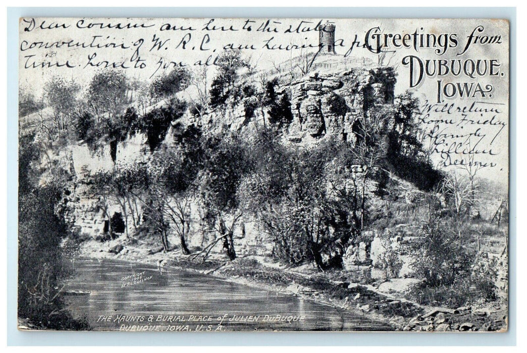 1907 Greetings From Dubuque Iowa IA, The Haunts & Burial Place Postcard