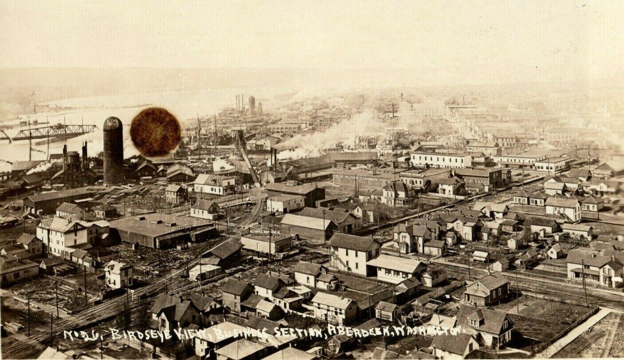 c1915 Bird's Eye View Business Area Aberdeen Washington WA RPPC Photo Postcard
