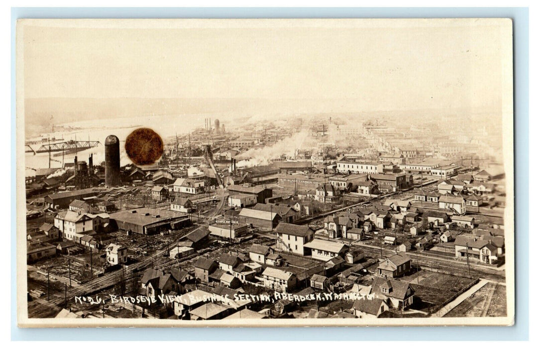 c1915 Bird's Eye View Business Area Aberdeen Washington WA RPPC Photo Postcard