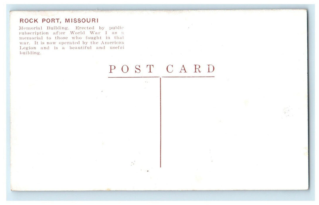 c1940's Rock Port Memorial Building Erected World War 1 Missouri MO Postcard