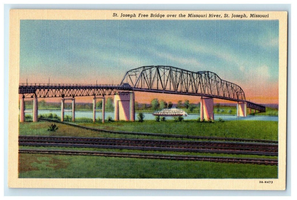 c1940's St. Joseph Free Bridge Over Mississippi River Missouri MO Postcard