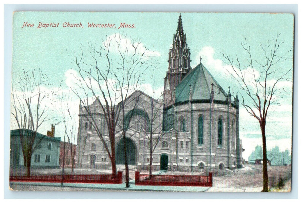 1907 New Baptist Church, Red Fence View, Worcester Massachusetts MA Postcard