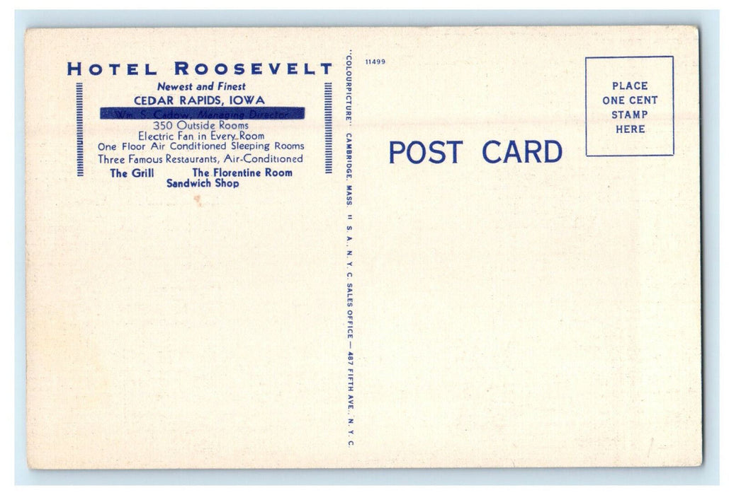 c1940s Hotel Roosevelt Cedar Rapids Iowa IA Vintage Unposted Postcard