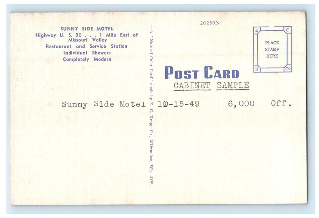 c1940s Sunny Side Motel Missouri Valley, Iowa IA Unposted Vintage Postcard