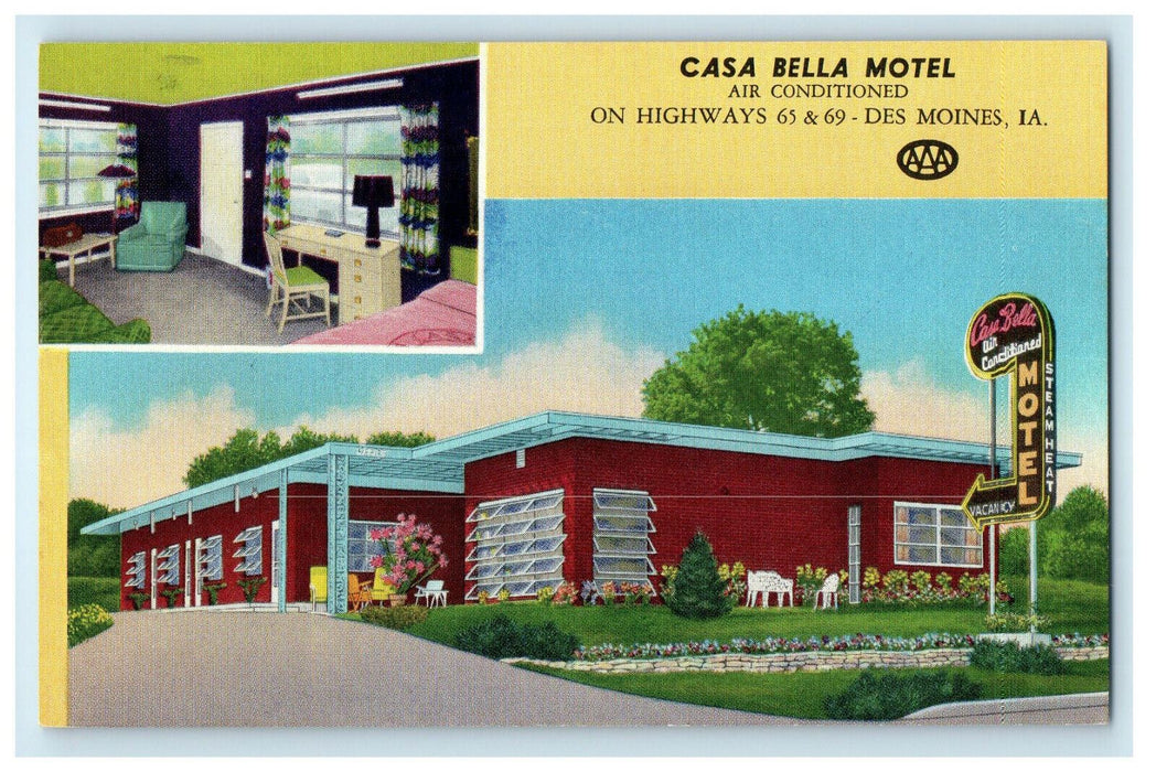 c1940s Casa Bella Motel, On Highways 65 & 69 Des Moines Iowa IA Postcard