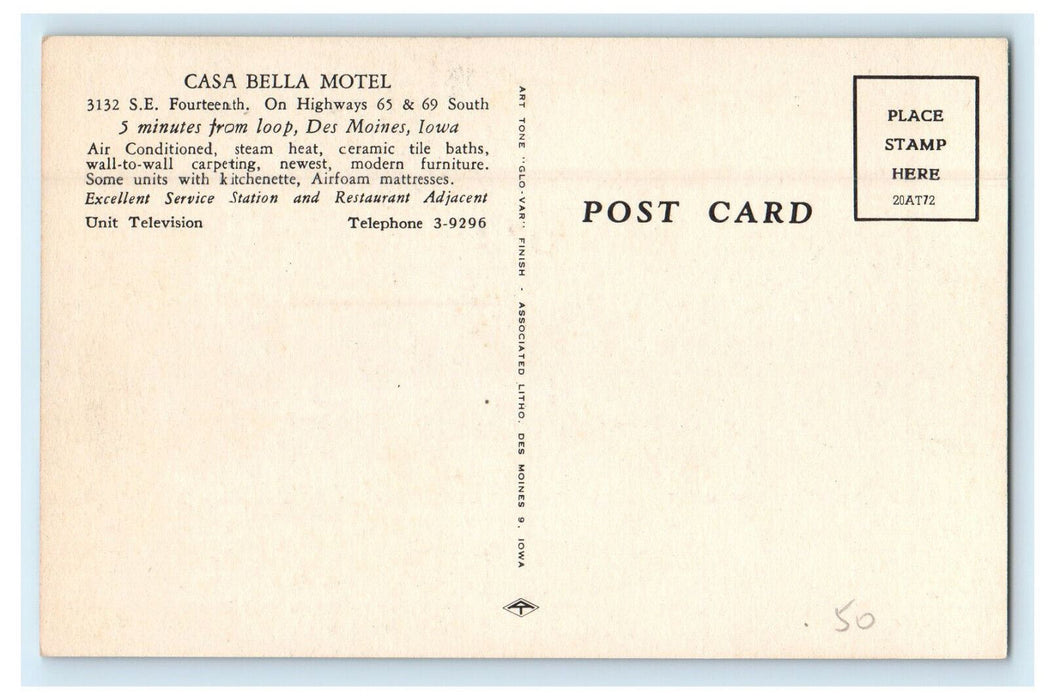 c1940s Casa Bella Motel, On Highways 65 & 69 Des Moines Iowa IA Postcard