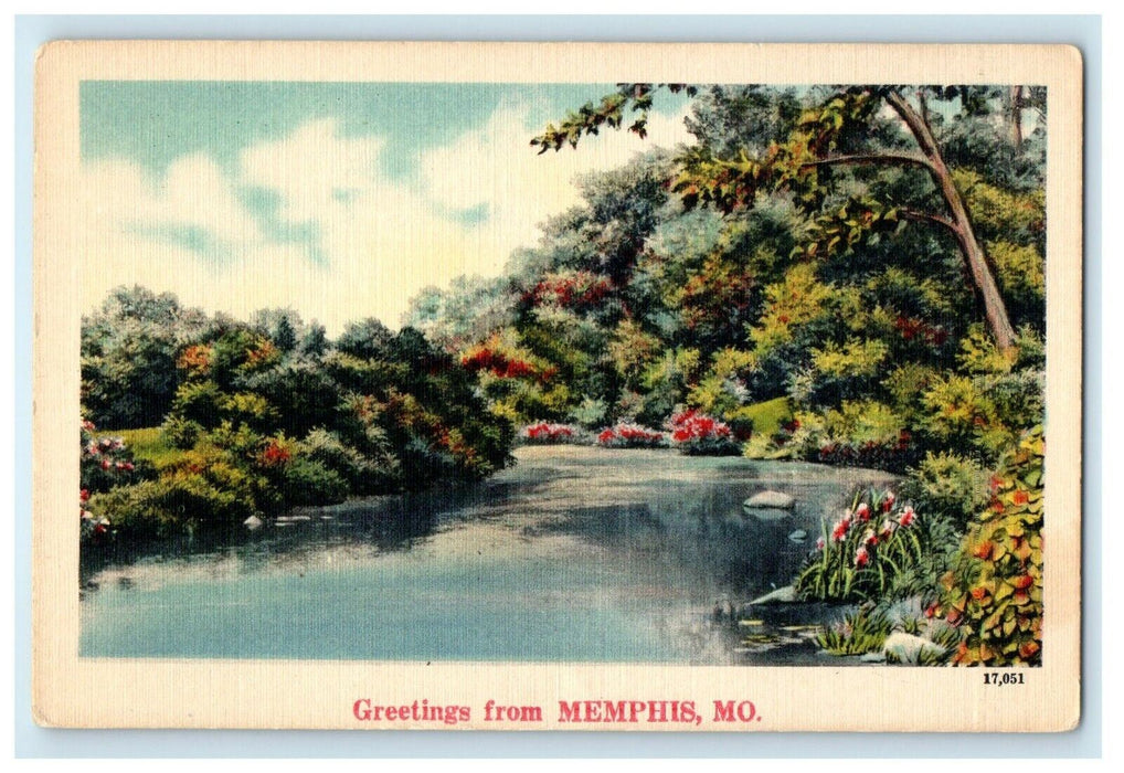 Greetings From Memphis Missouri MO, Lake View And Trees Postcard