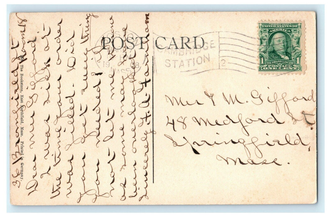 1908 Stone Hall East Northfield Massachusetts MA Cambridge Station Postcard