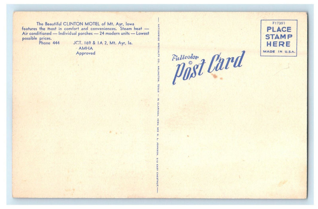 c1940s Clinton Motel Mount Ayr Iowa IA Unposted Vintage Postcard