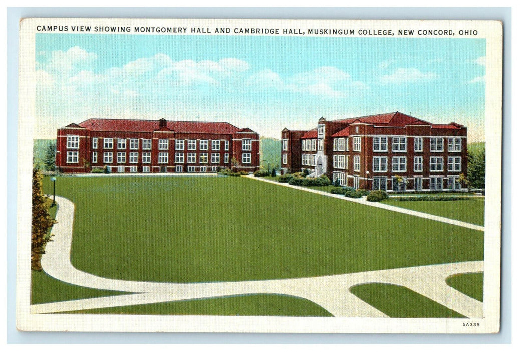 1937 Montgomery and Cambridge Hall Muskingum College New Concord OH Postcard