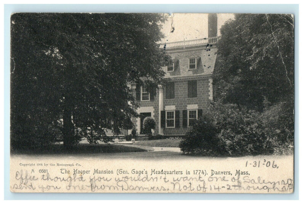 1906 Hooper Mansion General Gage's Headquarters Danvers Massachusetts Postcard