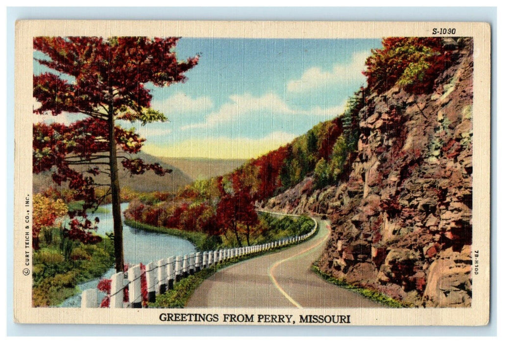 1953 Greetings From Perry Missouri MO, Road Scene Lake View Postcard