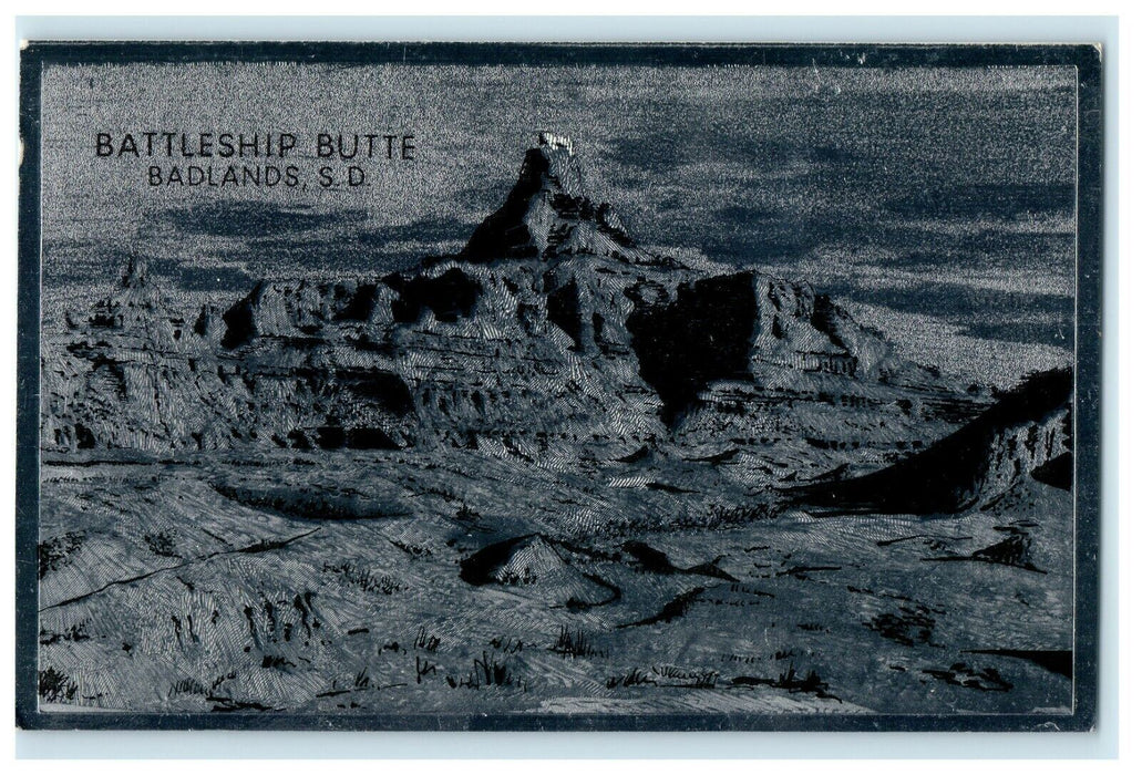 1939 Battleship Butte, Badlands South Dakota SD Vintage Foilex Silver Postcard