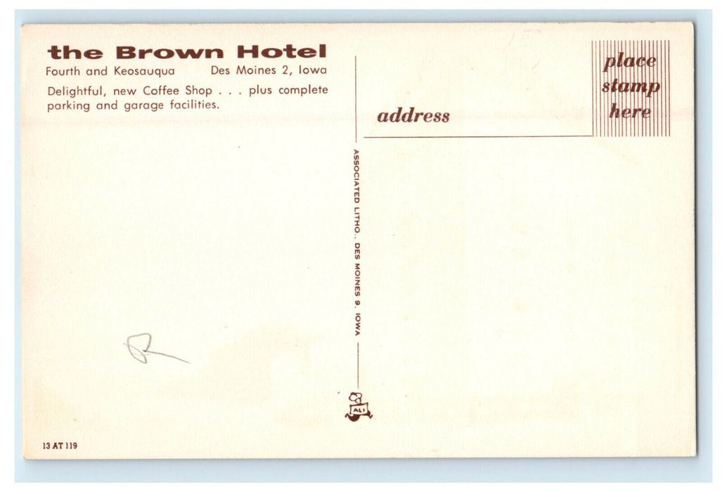 c1940s The Brown Hotel Fourth and Keosauqua Iowa IA Des Moines Iowa IA Postcard