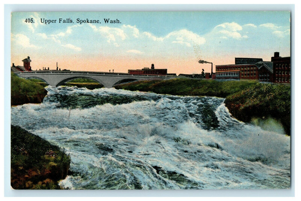 c1910 Upper Falls Bridge Railway Train Spokane Washington WA Antique Postcard