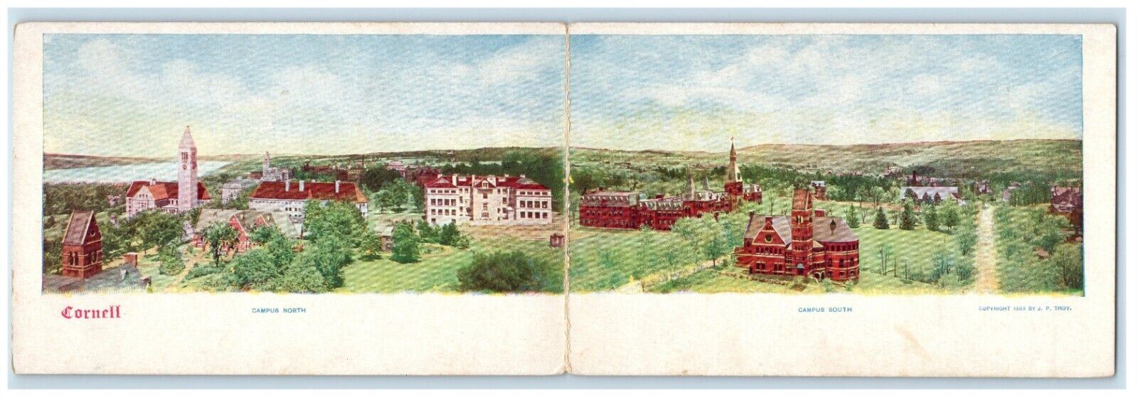 1903 Fold Out Cornell University Campus Bird's Eye View Ithaca NY PMC Postcard