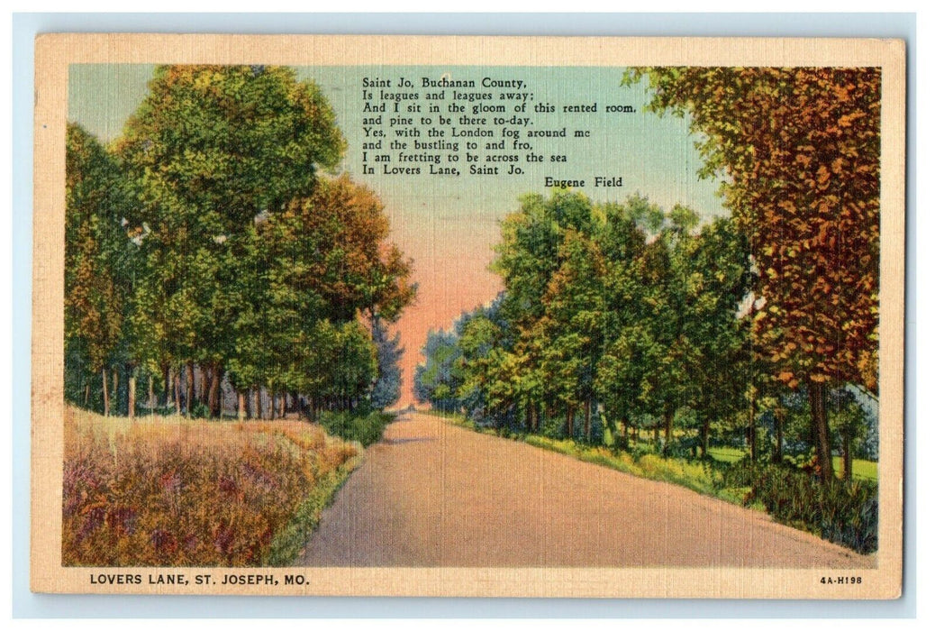 1938 St. Joseph Missouri MO, Lovers Lane Poem By Eugene Field Vintage Postcard