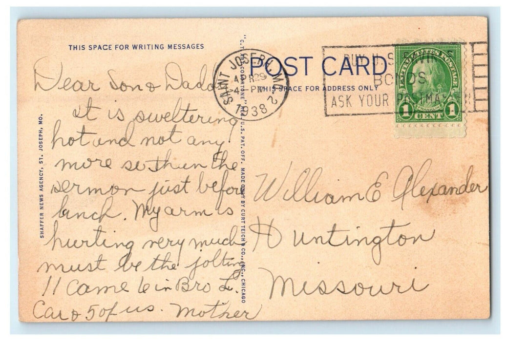 1938 St. Joseph Missouri MO, Lovers Lane Poem By Eugene Field Vintage Postcard