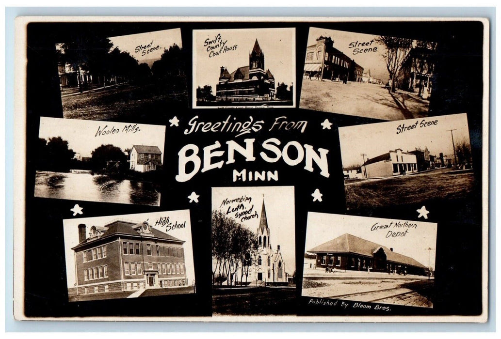 1908 Greetings Multiview Depot Mill Benson Minnesota MN RPPC Photo Postcard