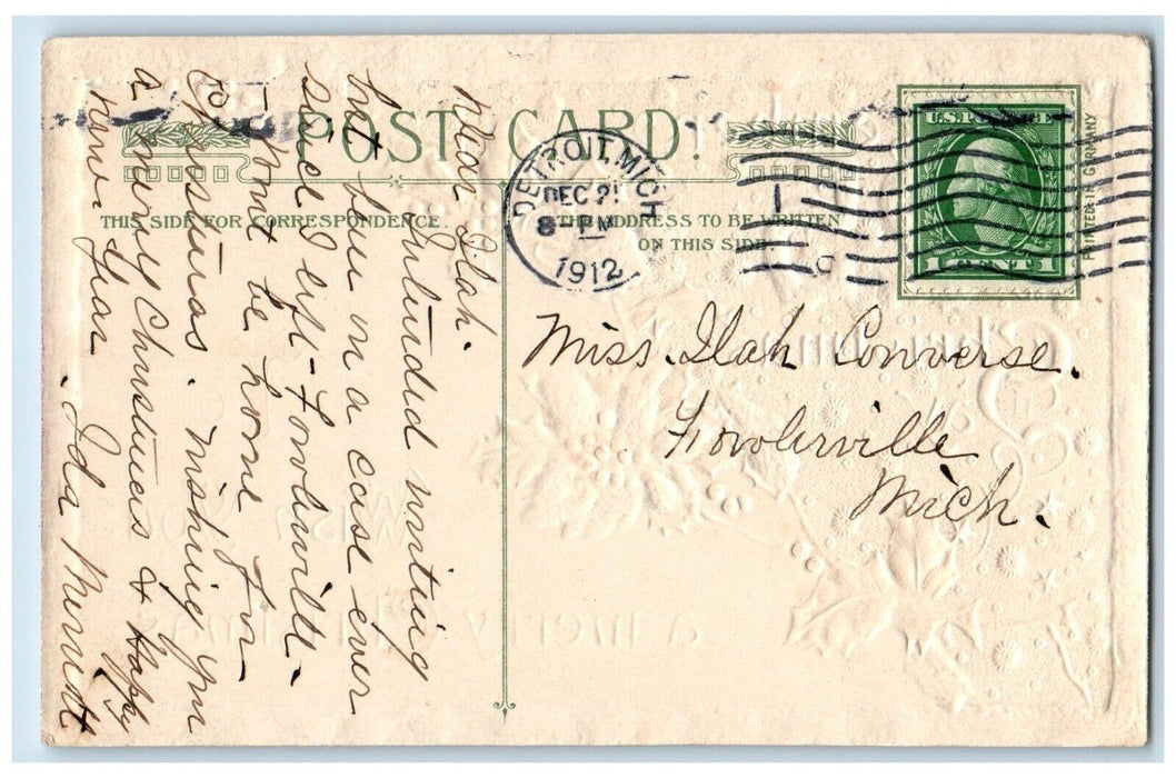 1912 Christmas December 25 Holly Winter Number John Winsch Embossed Postcard