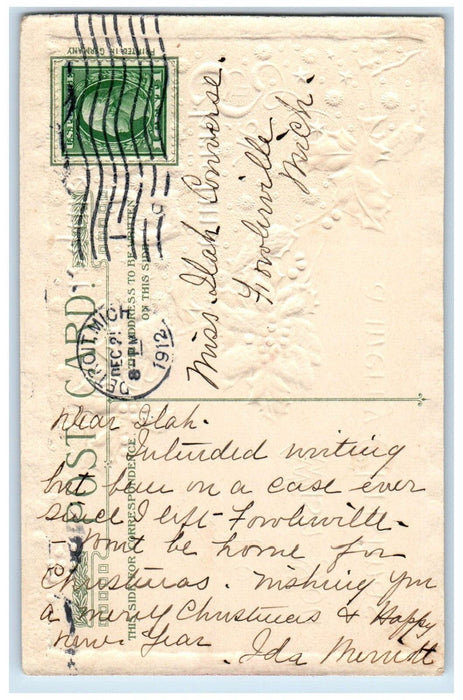 1912 Christmas December 25 Holly Winter Number John Winsch Embossed Postcard